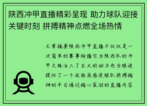 陕西冲甲直播精彩呈现 助力球队迎接关键时刻 拼搏精神点燃全场热情