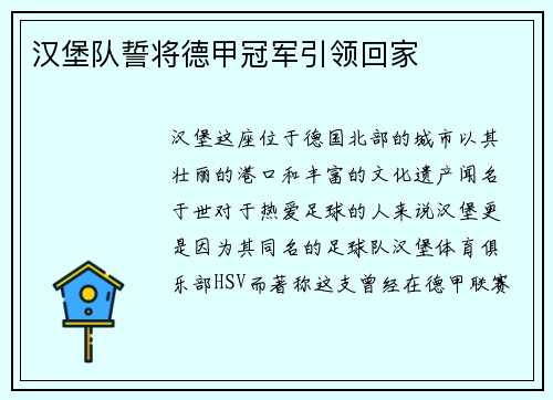 汉堡队誓将德甲冠军引领回家