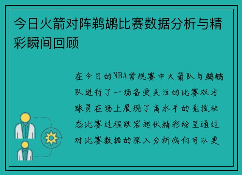今日火箭对阵鹈鹕比赛数据分析与精彩瞬间回顾